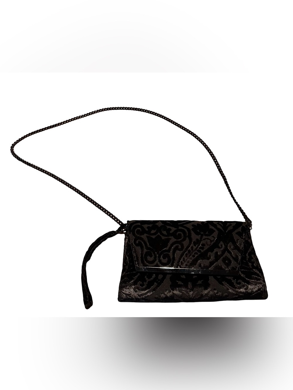 White House Black Market Black Velvet Snap Clutch with Metal Chain Baroque - Picture 5 of 10